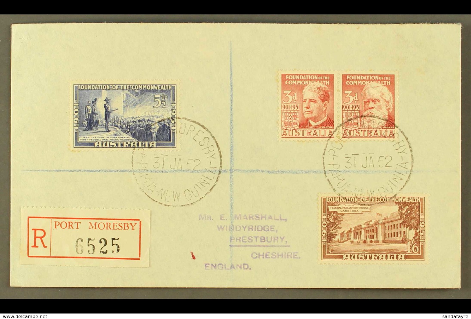 1952 (Jan) Neat Registered Cover To England, Bearing Australia Foundation Of The Commonwealth Set, Tied By Fine Port Mor - Papua-Neuguinea