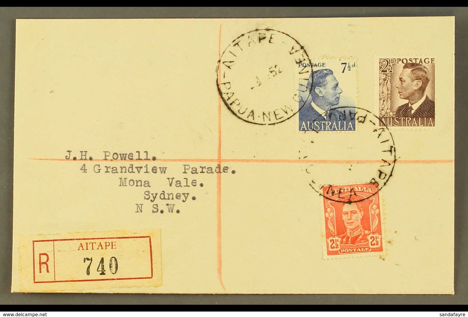 1952 (May) Neat Registered Envelope To England, Bearing Australia KGVI 2½d (2) And 7½d Tied AITAPE Cds's, Sydney Transit - Papua-Neuguinea