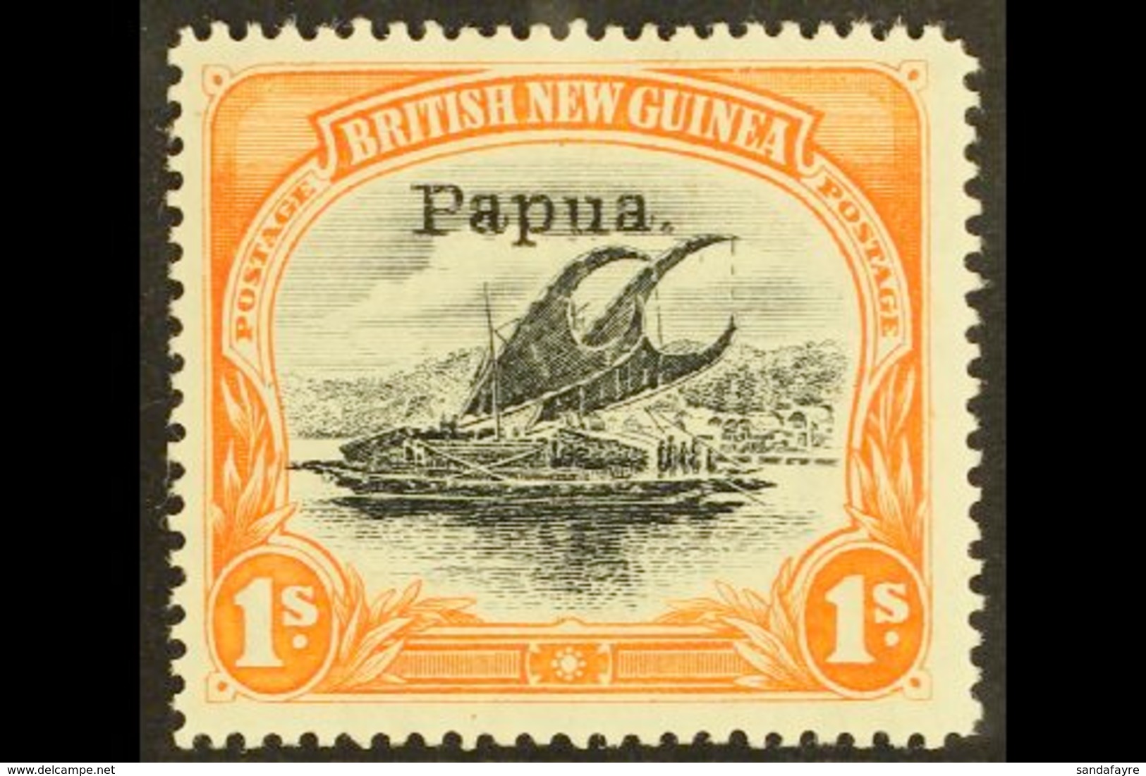 1907 1s Black & Orange Lakatoi Small "Papua" Overprint Watermark Vertical Line Perf, SG 44, Fine Mint, Very Fresh. For M - Papua-Neuguinea