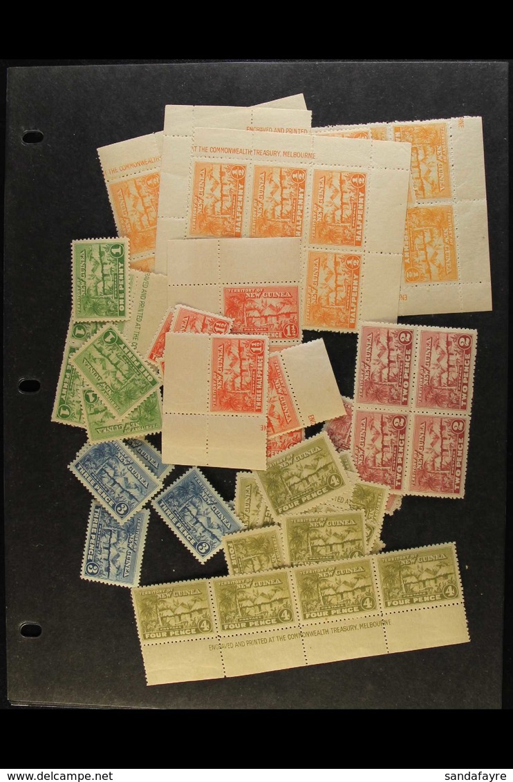 1925-1931 "NATIVE VILLAGE" NEVER HINGED MINT ACCUMULATION Including Some Multiples And Blocks. With "Postage" Set To 4d  - Papua-Neuguinea