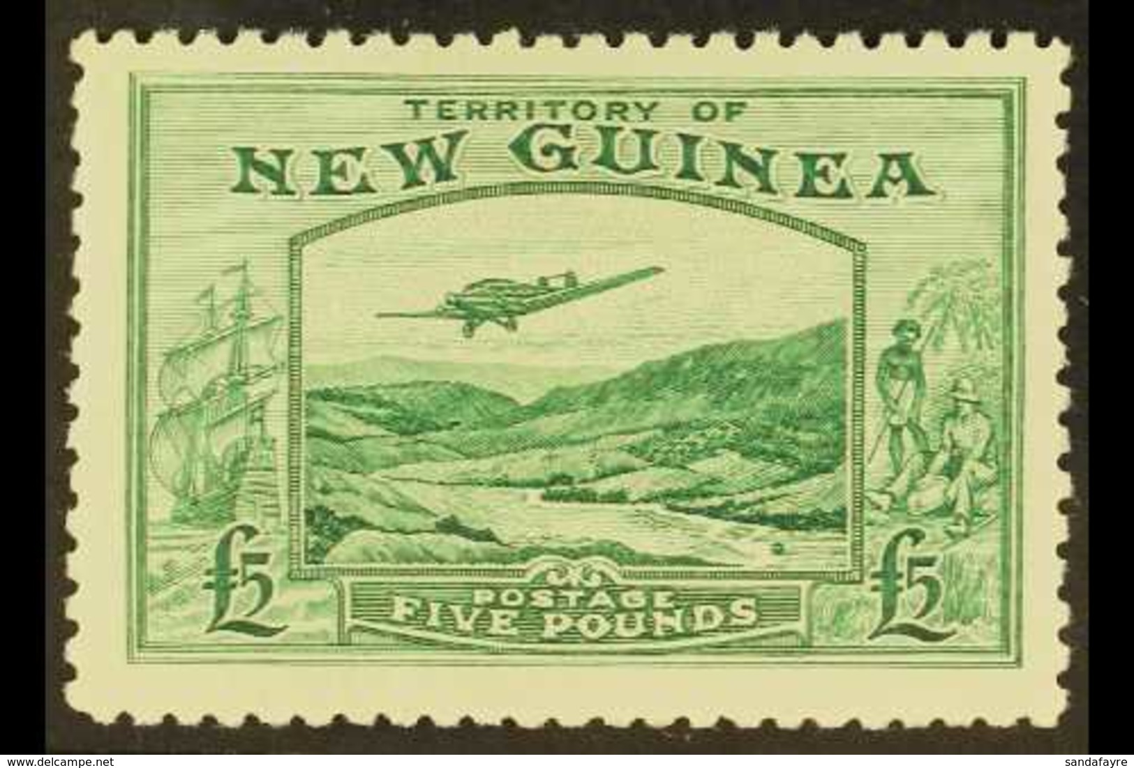 1935 £5 Emerald- Green Air Bulolo Goldfields, SG 205, Mint Lightly Hinged. Fresh & Attractive. For More Images, Please V - Papua-Neuguinea