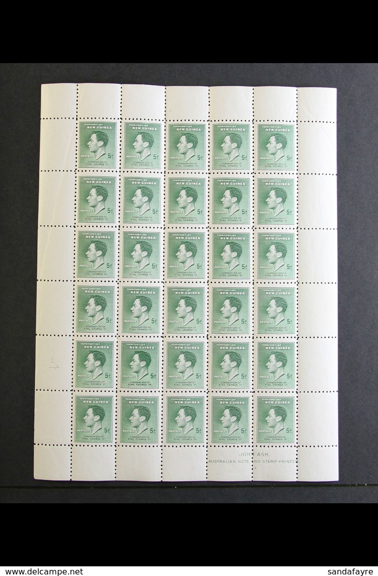 1937 5d Green Coronation, SG 210, A Complete Never Hinged Mint Sheet Of Twenty Five From Plate 2a Showing The "RE-ENTRY" - Papua-Neuguinea