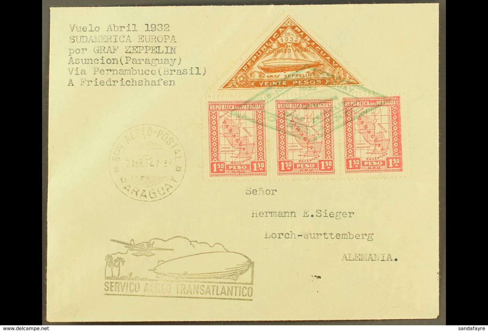 1932 Registered Airmail Cover To Germany Franked 1.50 Postage Strip Of 3 With Triangular 1932 20p Brown Zeppelin Stamp,  - Paraguay