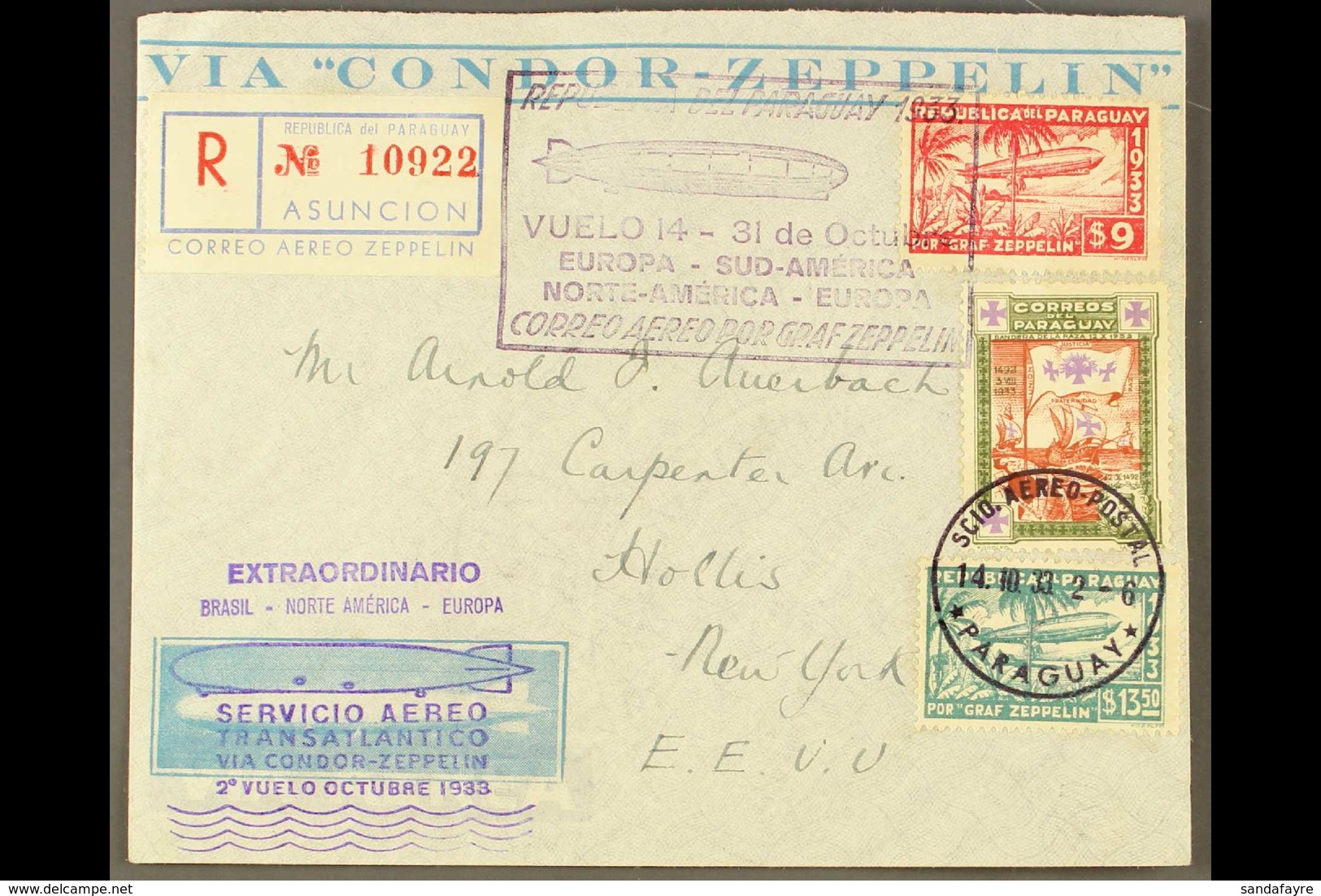 1933 EUROPE - SOUTH AMERICA  - NORTH AMERICA - EUROPE ZEPPELIN FLIGHT Condor-Zeppelin Illustrated Air Letter Franked 5p  - Paraguay