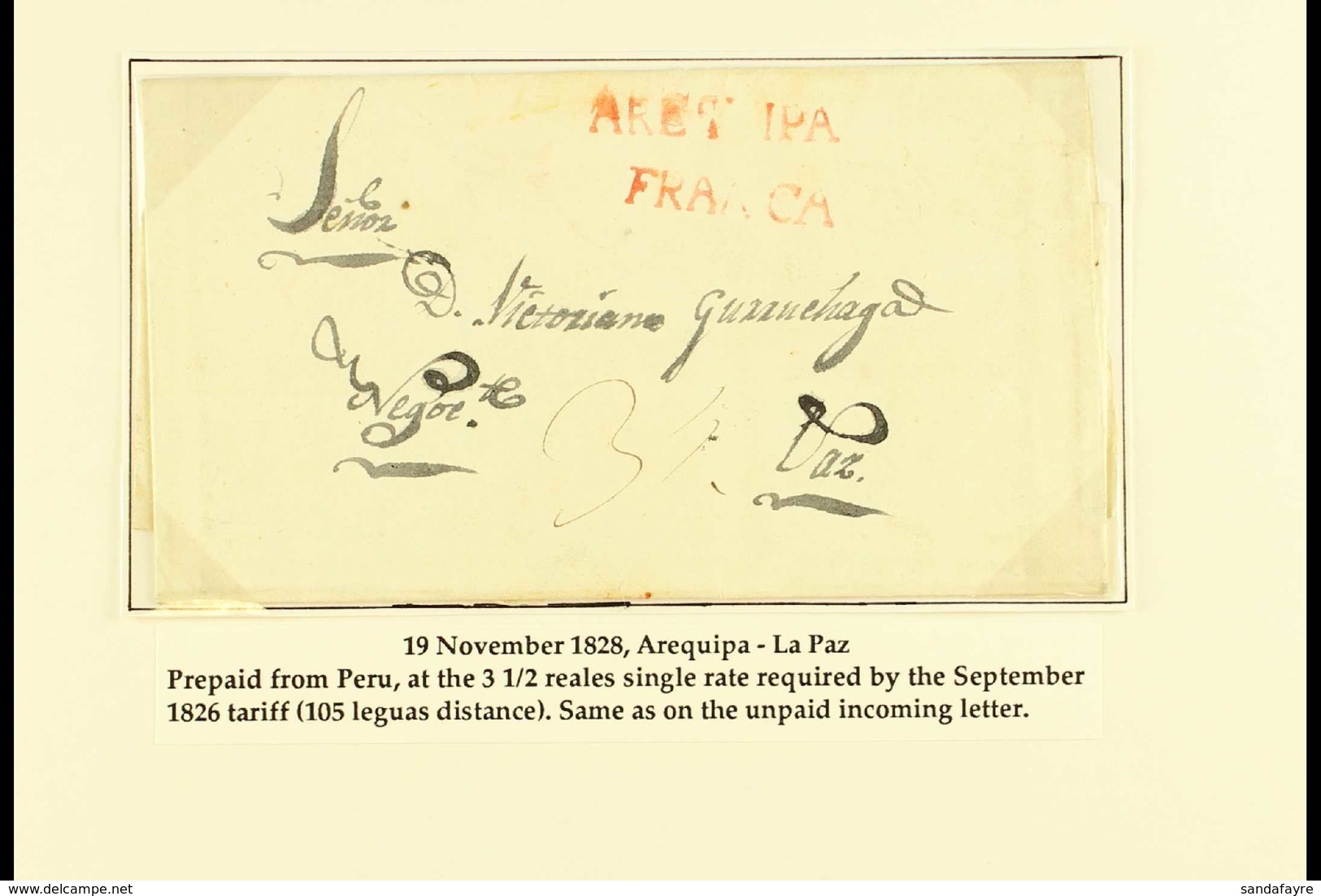 1828 ENTIRE LETTER TO BOLIVIA 1828 (19 Nov) EL From Arequipa To La Paz Showing The Peruvian Single Rate Of 3½r In Manusc - Peru