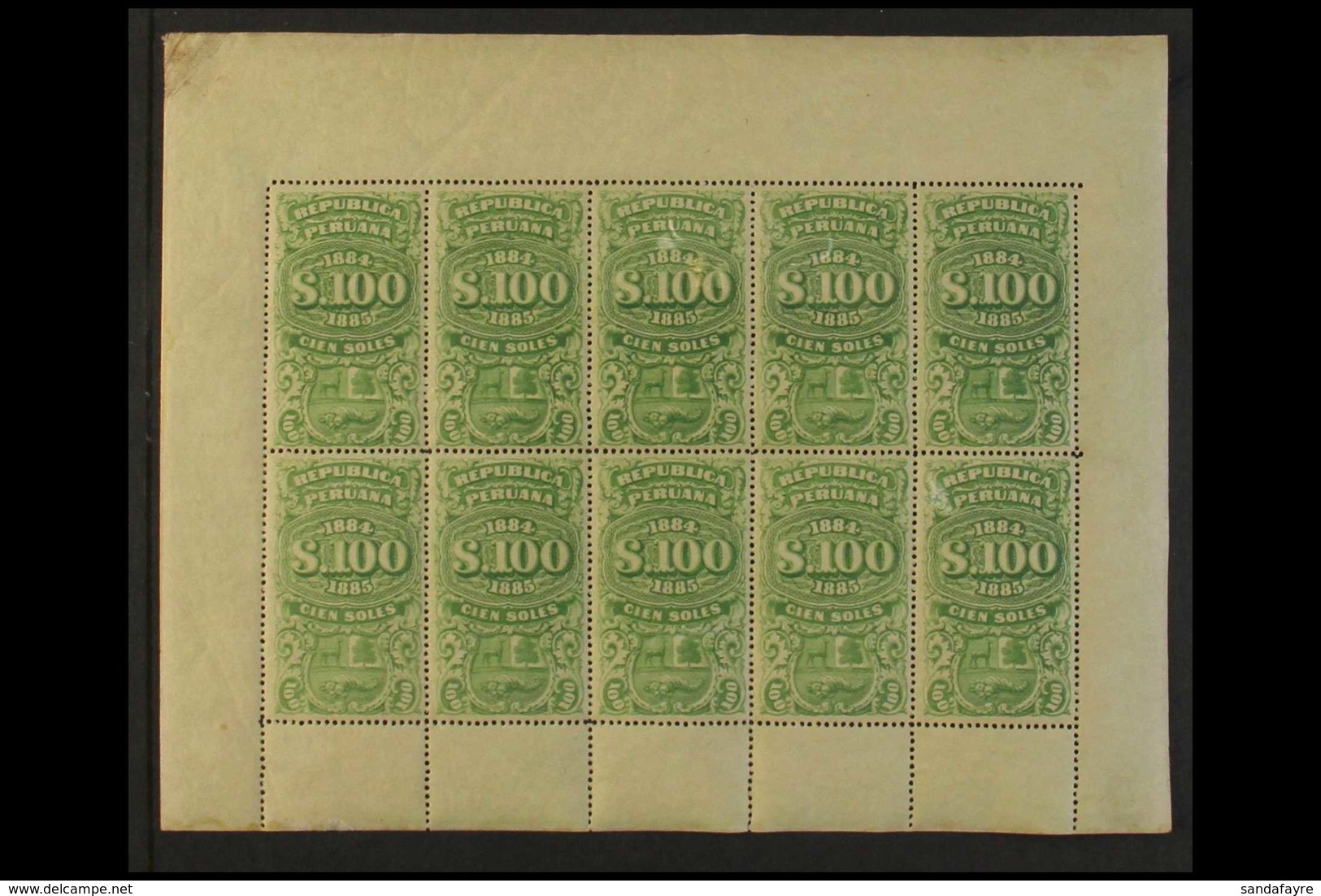 REVENUES 1884-85 500s Green COMPLETE SHEETLET Of 10, Fine Mint Mostly Never Hinged, Fresh Colour, Very Rare. (10 Stamps) - Peru