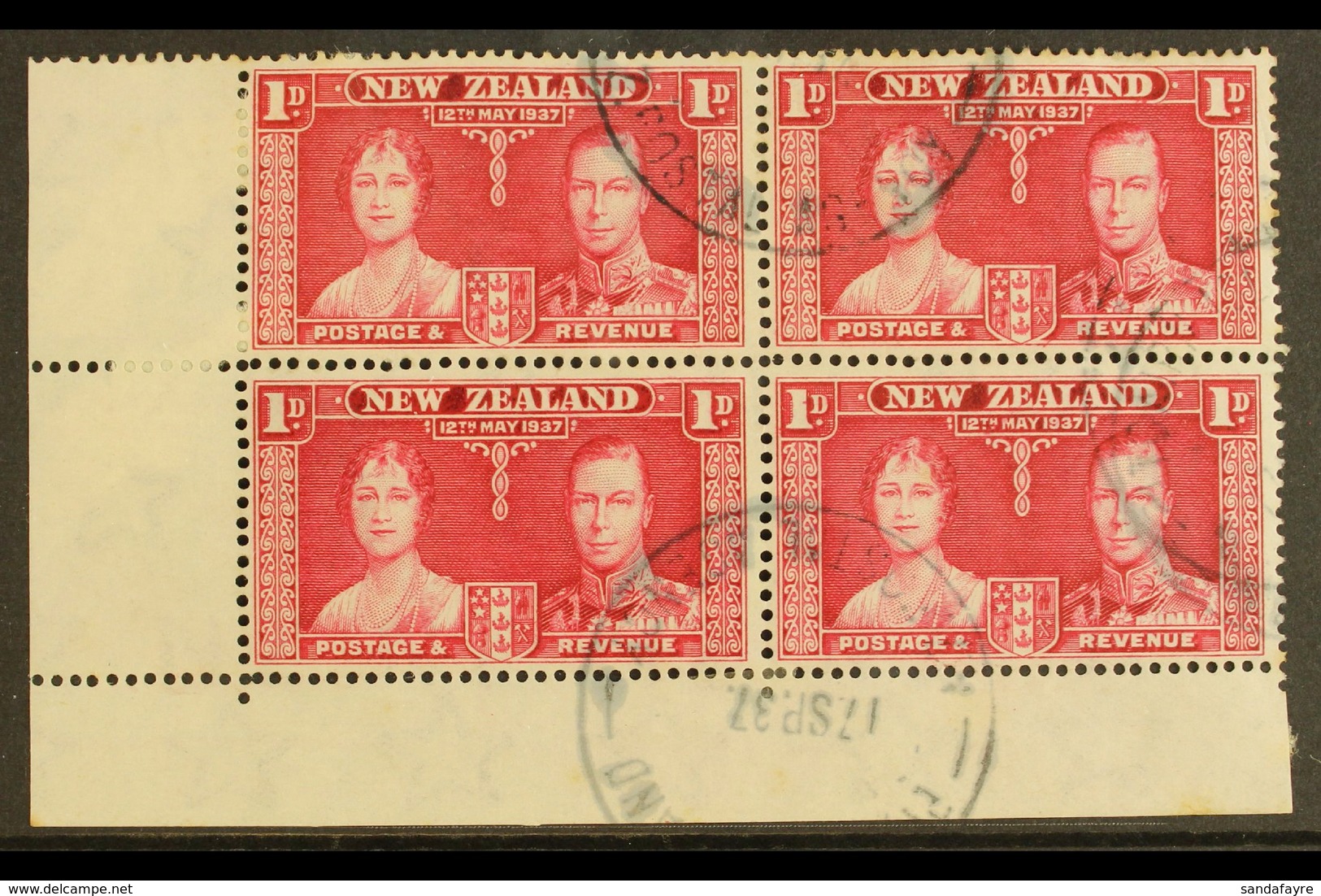 1937 New Zealand 1d Carmine (SG 599) "Coronation Issue" Used - Marginal Corner Block Of 4, SG Z54, Tied By Multiple "N.Z - Pitcairninsel