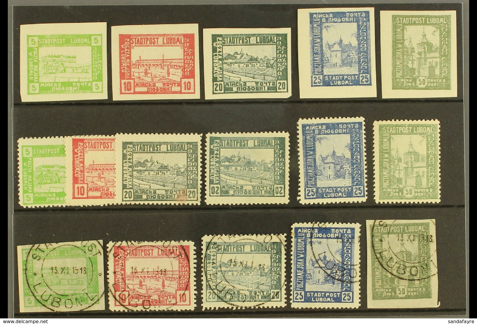 LOCAL TOWN POST LUBOML 1918 Collection On A Stock Card, Inc Perf & Imperf Sets Mint, Set Used (5h & 50h Imperf) And 20h  - Other & Unclassified