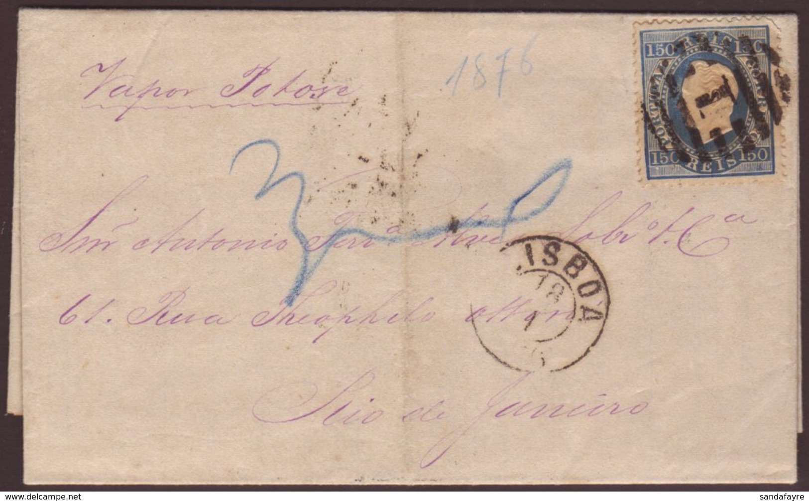 1876 Entire To Brazil Bearing 1870 50r Blue 'Straight Label', Perf 12½, SG 87, Tied By Neat '1' Numeral Cancel, 'Rio De  - Sonstige & Ohne Zuordnung