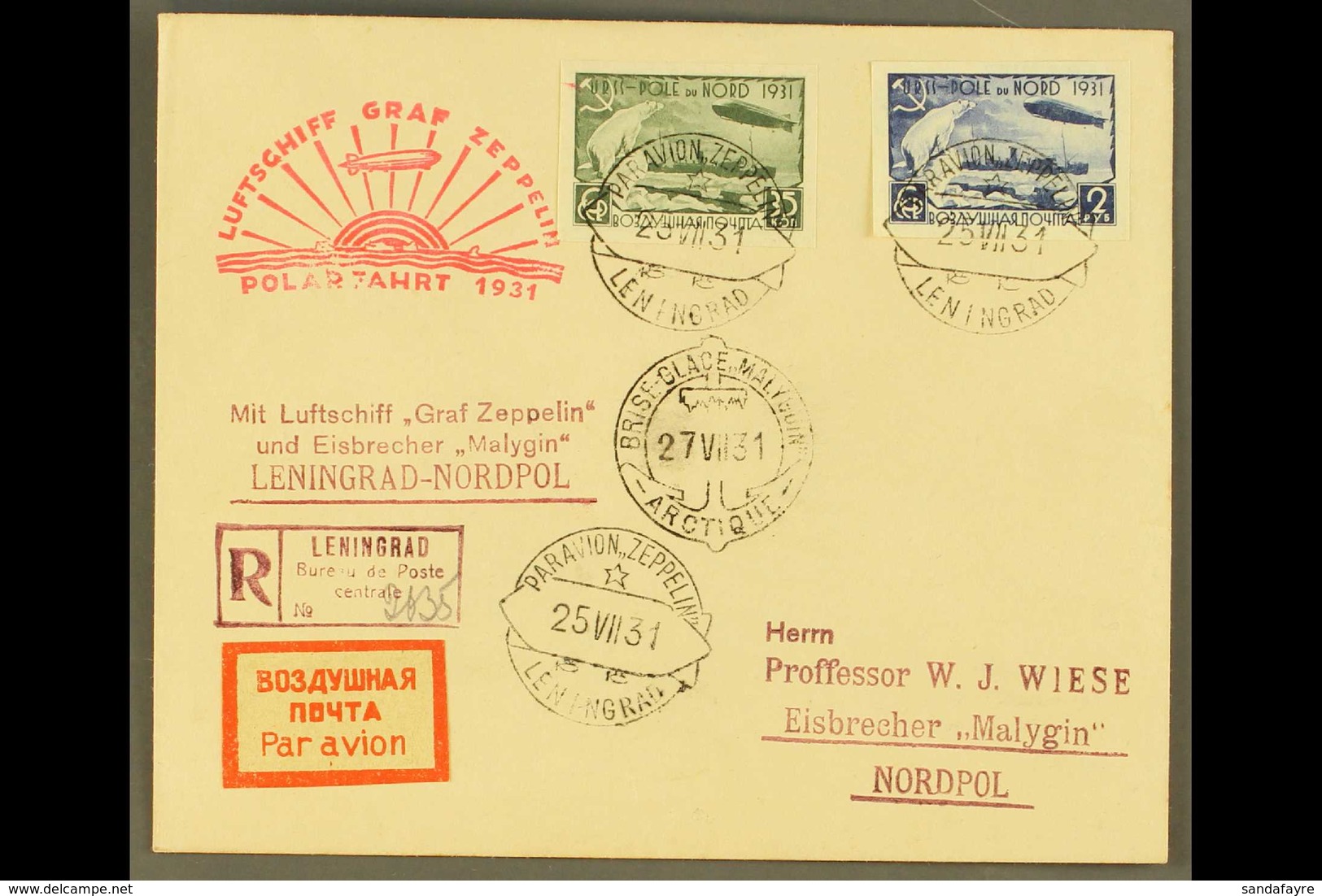 1931 Zeppelin Flight Via Icebreaker "Malygin", Leningrad To North Pole, Cover And Card Franked Imperf URSS - North Pole  - Other & Unclassified