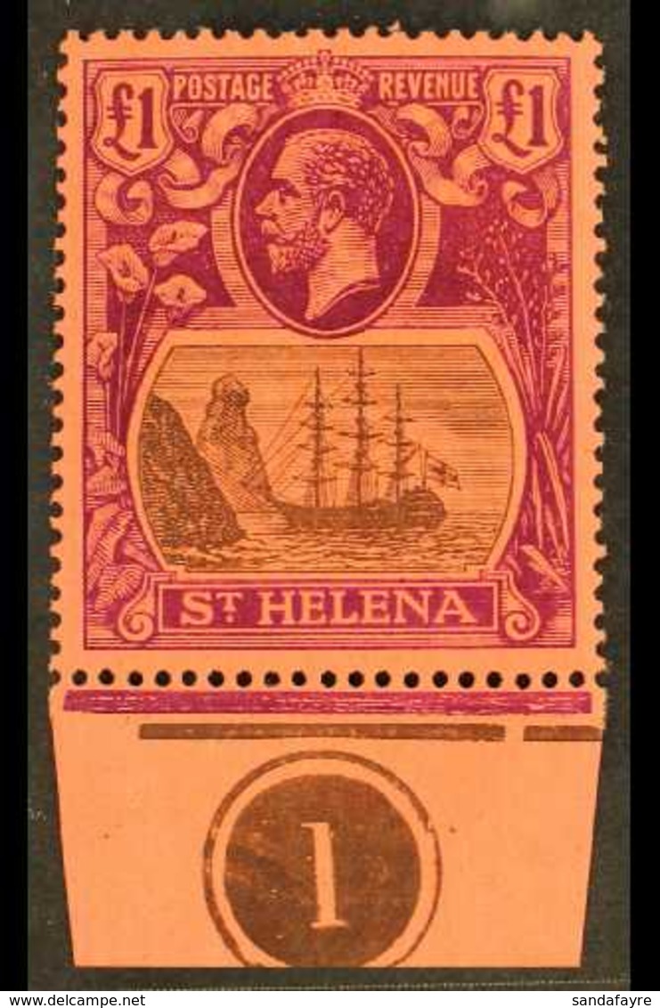1922 £1 Grey And Purple, SG 96, Very Fine Lightly Hinged Mint With PLATE NUMBER In Lower Margin. A Beauty. For More Imag - St. Helena