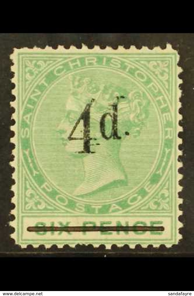 1886 4d On 6d Green, Surcharge Double, SG 25b, Mint With Part Original Gum ,some Paper Adherence On Reverse. Clear Light - St.Christopher-Nevis & Anguilla (...-1980)