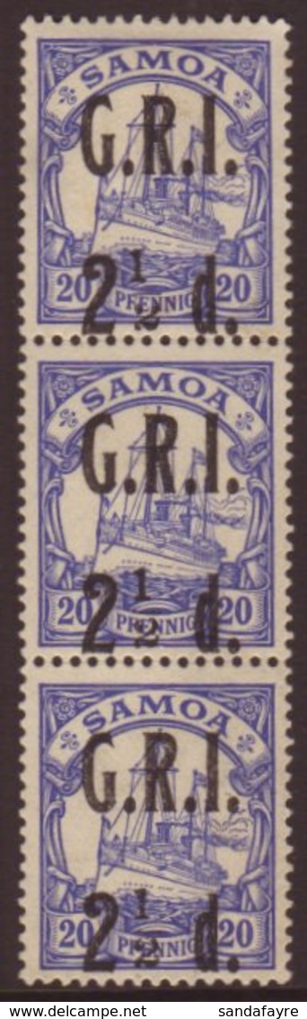 1914 (3 Sept) "G.R.I." Surcharge 2½d On 20pf Ultramarine (SG 104) Vertical Strip Of Three, The Top Stamp With "1" To Lef - Samoa (Staat)