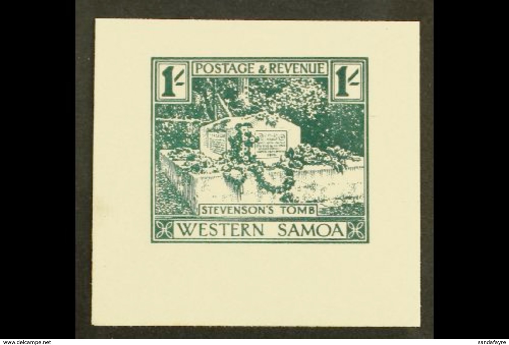 1935 PICTORIAL DEFINITIVE ESSAY Collins Essay For The 1s Value In Dark Green On Thick White Paper, The "Stevenson's Tomb - Samoa (Staat)