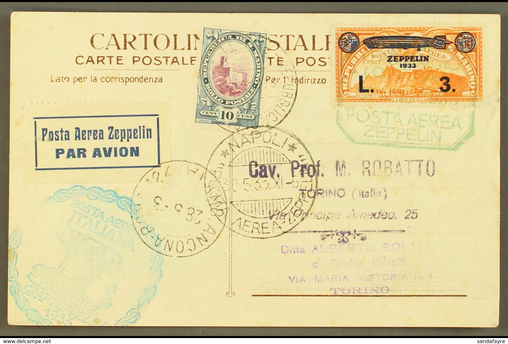 1933 10c Plus 3L On 50c Zeppelin Used On Card To Torino, Tied By Green Rep. S. Marino (Citta) Cachet In Green With Blue  - Other & Unclassified