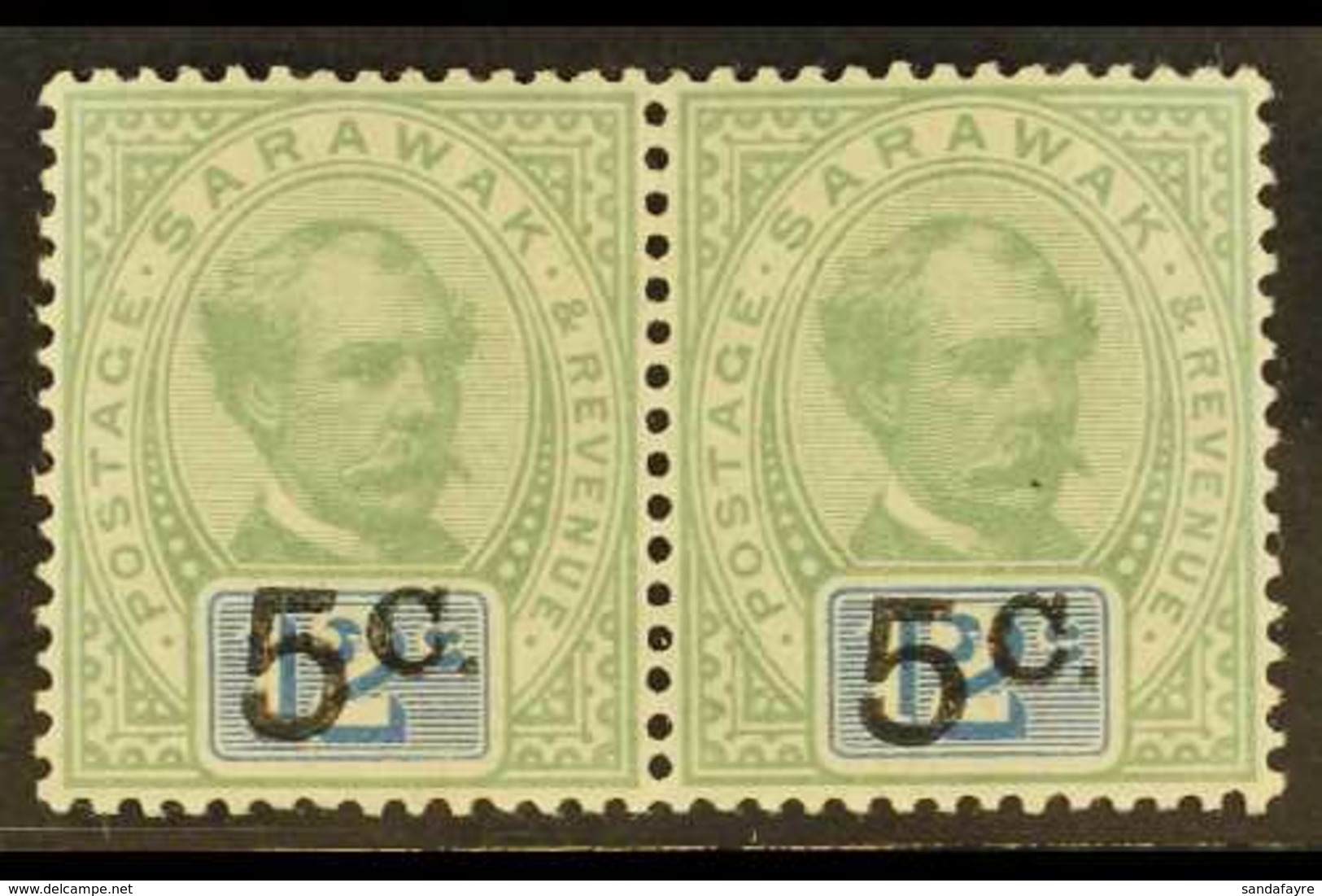 1889 5c On 12c Green And Blue (thick Overprint With Stop After C), SG 26, Superb Mint Horizontal Pair. For More Images,  - Sarawak (...-1963)