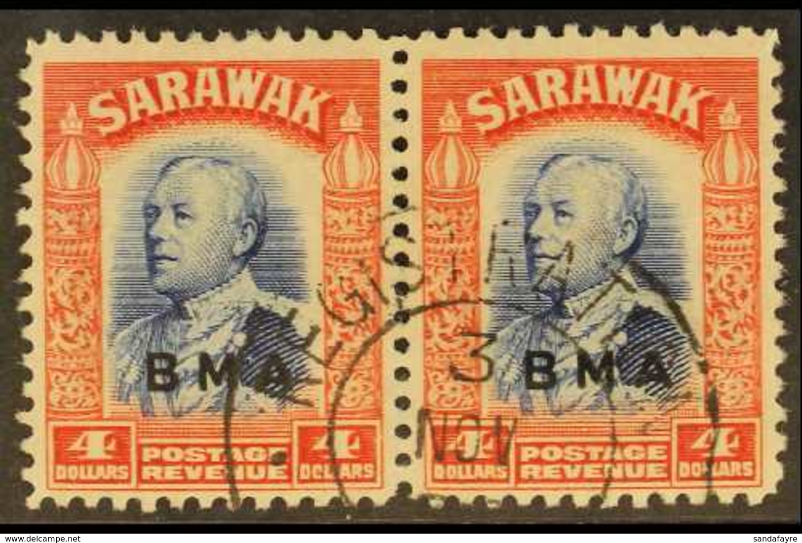 1945 $4 Blue & Scarlet "BMA" Overprint, SG 143, Fine Cds Used Horizontal PAIR, Fresh. (2 Stamps) For More Images, Please - Sarawak (...-1963)