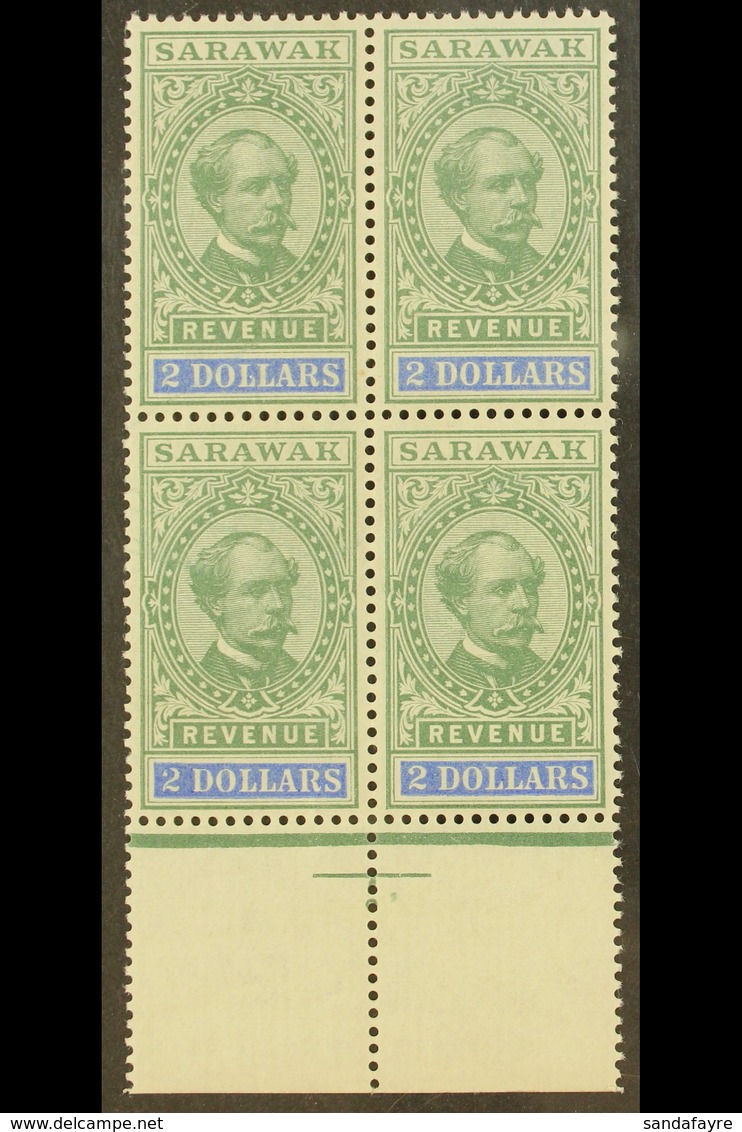 REVENUE STAMPS 1900 $2 Green And Bright Blue (Barefoot 26, Tan R7) - A Never Hinged Mint Marginal BLOCK OF FOUR. Superb! - Sarawak (...-1963)