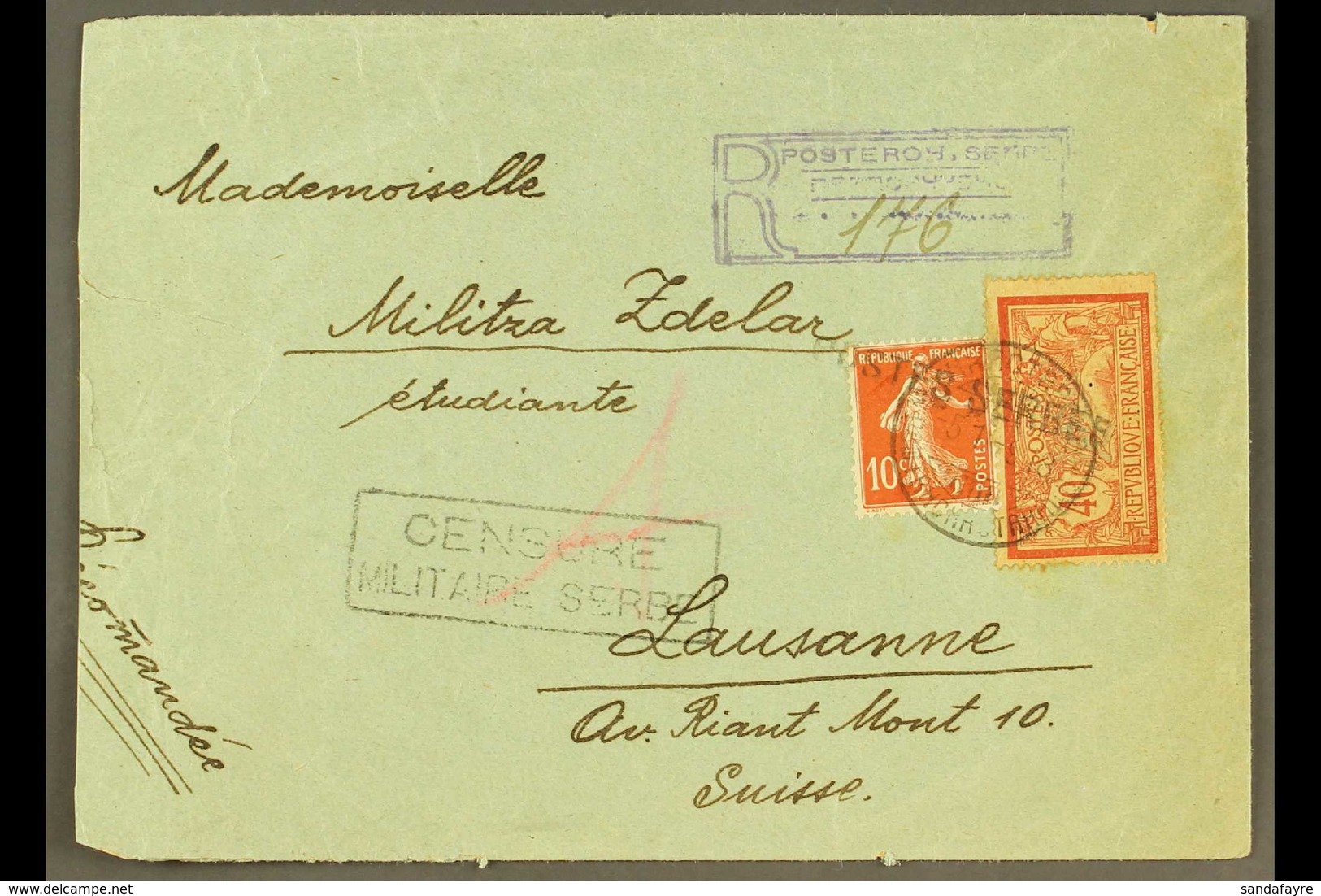 1918 (5 Jan) Registered Censored Cover From Corfu Addressed To Switzerland, Bearing France 10c & 40c Stamps Tied By Serb - Serbien