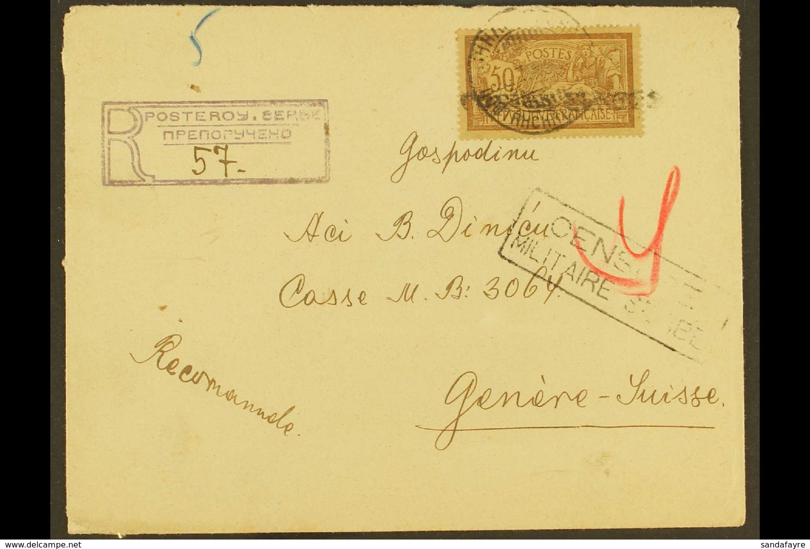 1918 Registered Censored Cover From Corfu Addressed To Switzerland, Bearing France 50c Stamp Tied By Serbian Cyrillic Cd - Serbien