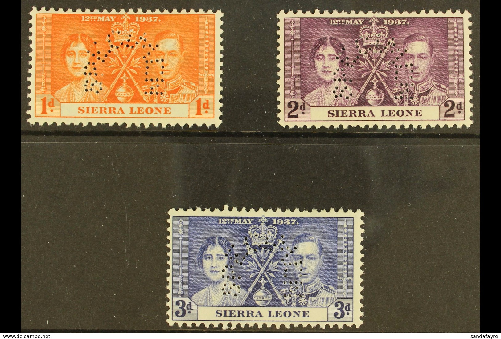 1937 Coronation Complete Set Perforated "SPECIMEN", SG 185s/187s, Very Fine Mint. (3 Stamps) For More Images, Please Vis - Sierra Leone (...-1960)