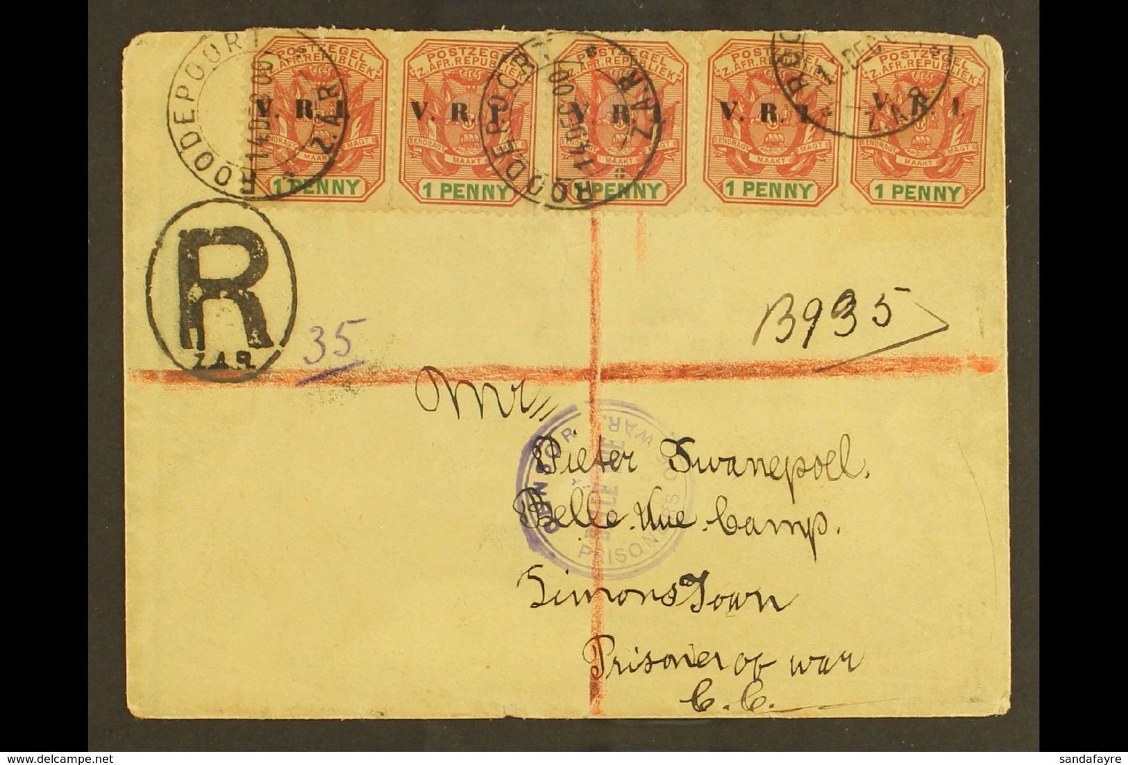 BOER WAR 1900 (4 Dec) Prisoner Of War Registered Cover To Belle Vue Camp, Simons Town, Bearing Transvaal 1d "V.R.I." X 5 - Ohne Zuordnung