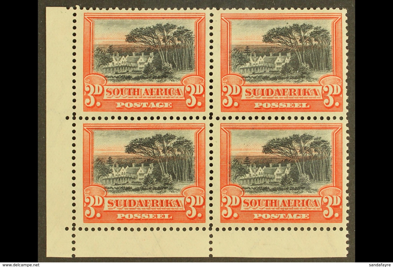 1927-30 3d Black & Red, Perf.14x13½ Down In Corner Marginal Block Of 4, SG 35a, Fine Mint, Hinged At Edges, One Blunt Pe - Ohne Zuordnung