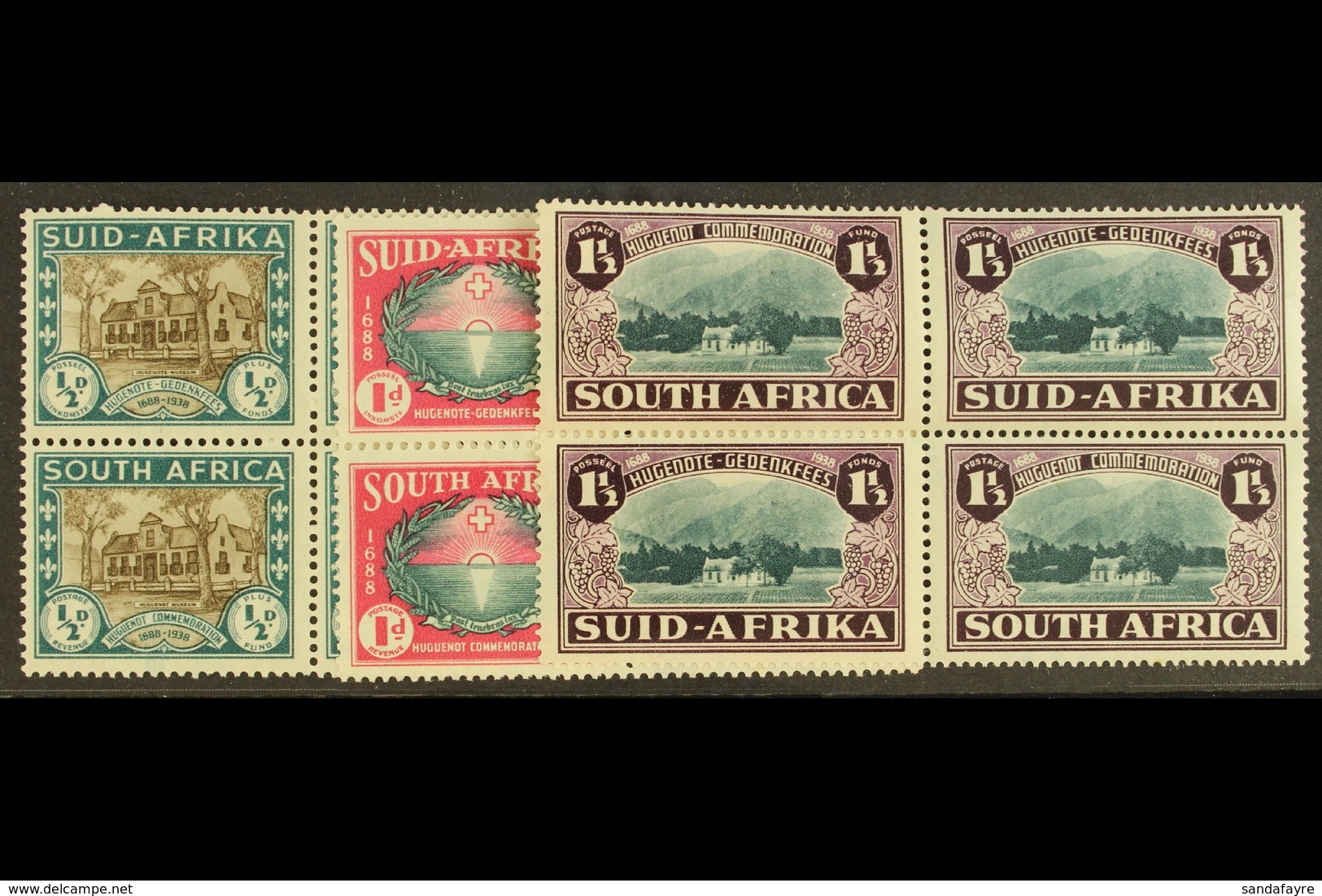1939 Huguenot Anniversary Set, SG 82/84, In Never Hinged Mint Blocks Of Four. (12) For More Images, Please Visit Http:// - Ohne Zuordnung
