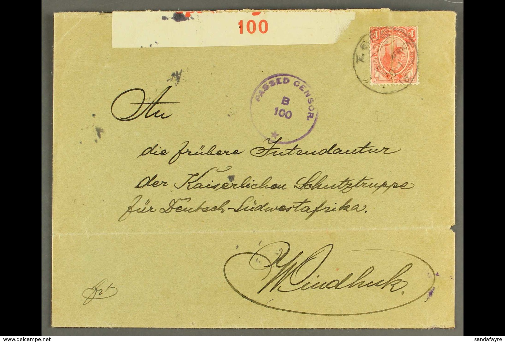 1918 (30 Jan) Cover To Windhuk Bearing 1d Union Stamp (fault) Tied By "TSES" Cds Cancel, Putzel Type B5 Oc, Violet Circu - Südwestafrika (1923-1990)