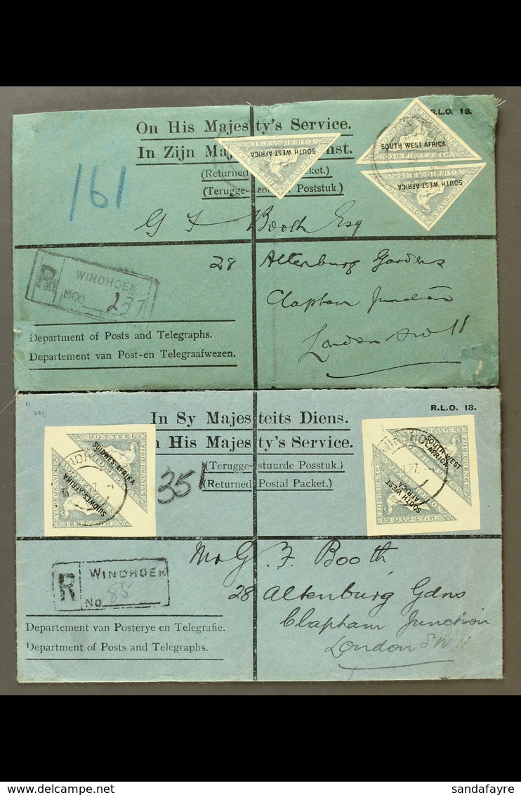 1927 Pair Of OHMS Printed Covers To The UK With WINDHOEK Registration Cachets; One Bearing Imperf 4d Triangular Pairs (S - África Del Sudoeste (1923-1990)