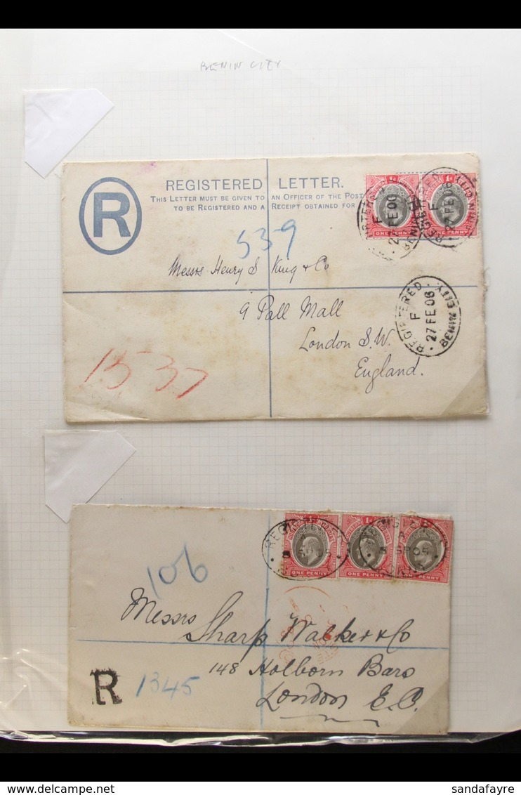 1905-08 REGISTERED MAIL Includes 1906 (27 Feb) 2d Reg Env To London Uprated With 1d Pair Tied By BENIN CITY Oval Cancels - Nigeria (...-1960)