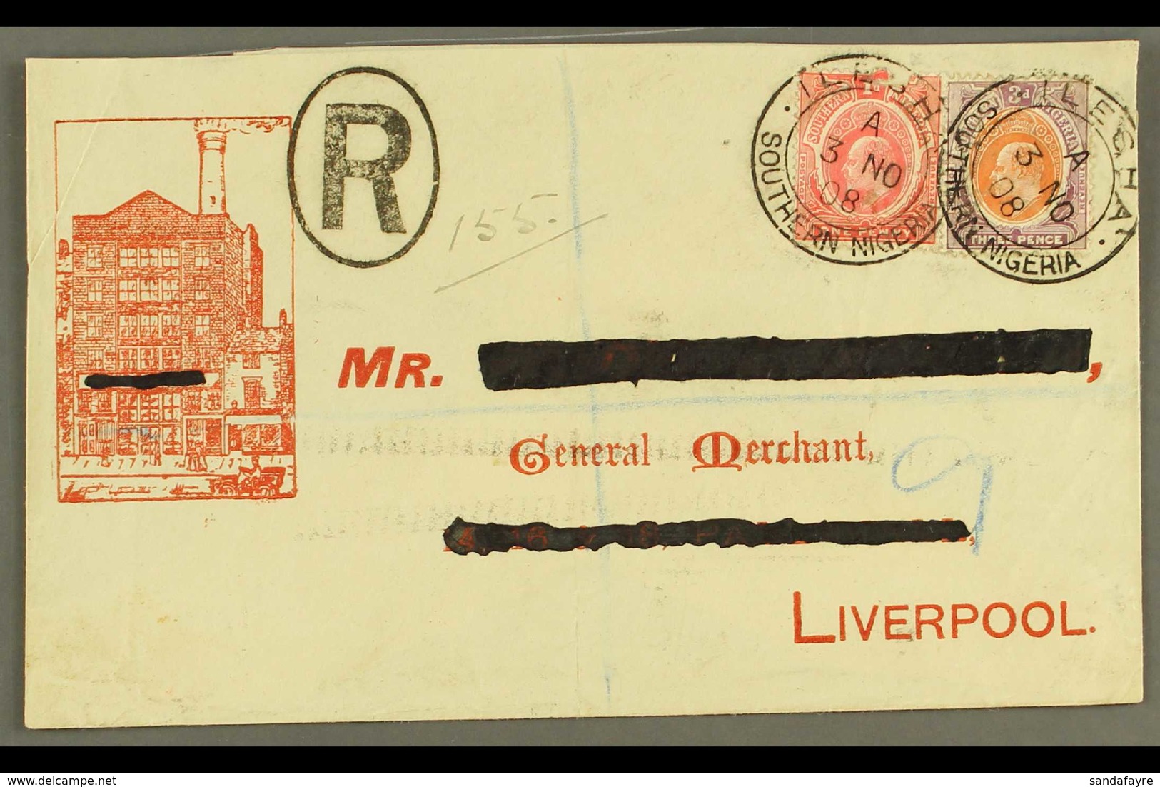 1908 Illustrated Registered Commercial Cover To Liverpool Franked Ed VII 1d And 3d Tied By Crisp Strikes Of ILESHA South - Nigeria (...-1960)