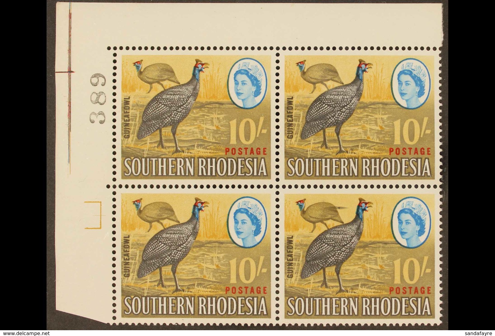 1964 10s EXTRA FEATHER Variety, SG 104a, Within Never Hinged Mint Positional Upper Left Corner BLOCK Of 4, Attractive. ( - Rodesia Del Sur (...-1964)