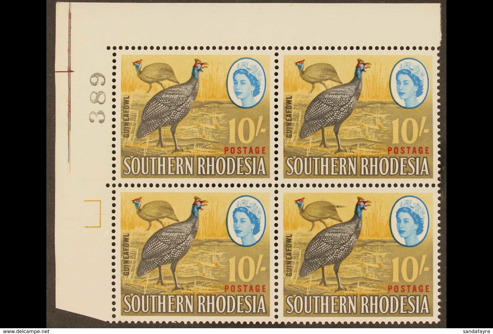 1964 10s EXTRA FEATHER Variety, SG 104a, Within Never Hinged Mint Positional Upper Left Corner BLOCK Of 4, Attractive. ( - Südrhodesien (...-1964)