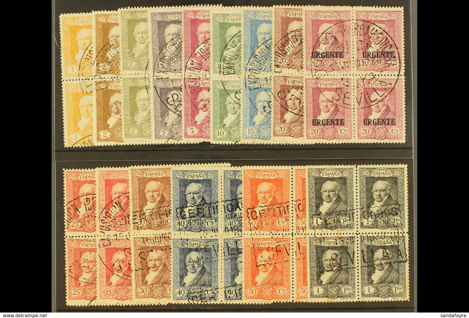 1930 Goya Postage Set To 1p Plus Express, Edifil 499/512 Plus 516, As Fine Used Blocks Of Four With Exhibition Cancels.  - Sonstige & Ohne Zuordnung