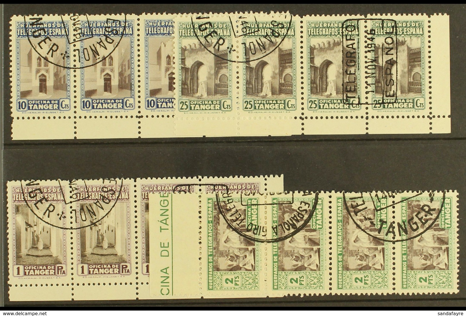 TANGIER TELEGRAPHS. 1946 Telegraph Multiples Of 4, Edifil 35/36 & 38/39, Very Fine Used ( 4 Multiples Of 4 =16 Stamps) F - Sonstige & Ohne Zuordnung