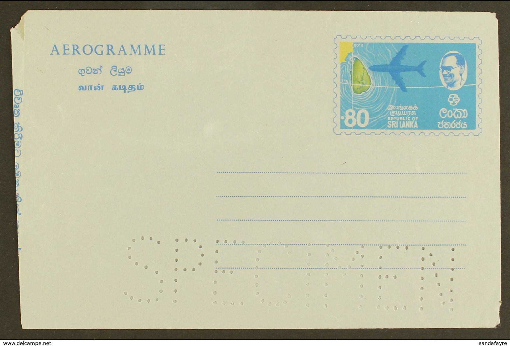 AEROGRAMME SPECIMEN Circa 1972 80c Aeroplane Over Island, Large Perfin "SPECIMEN" H&G FG29, Clean & Fine. For More Image - Sri Lanka (Ceylon) (1948-...)