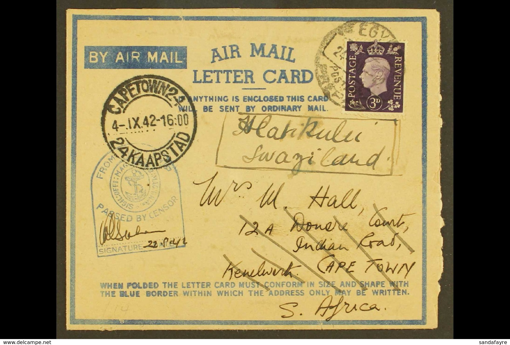 1942 Incoming Censored Air Mail Letter Card From Allied Forces In Egypt, Originally Addressed To Cape Town And Redirecte - Swasiland (...-1967)