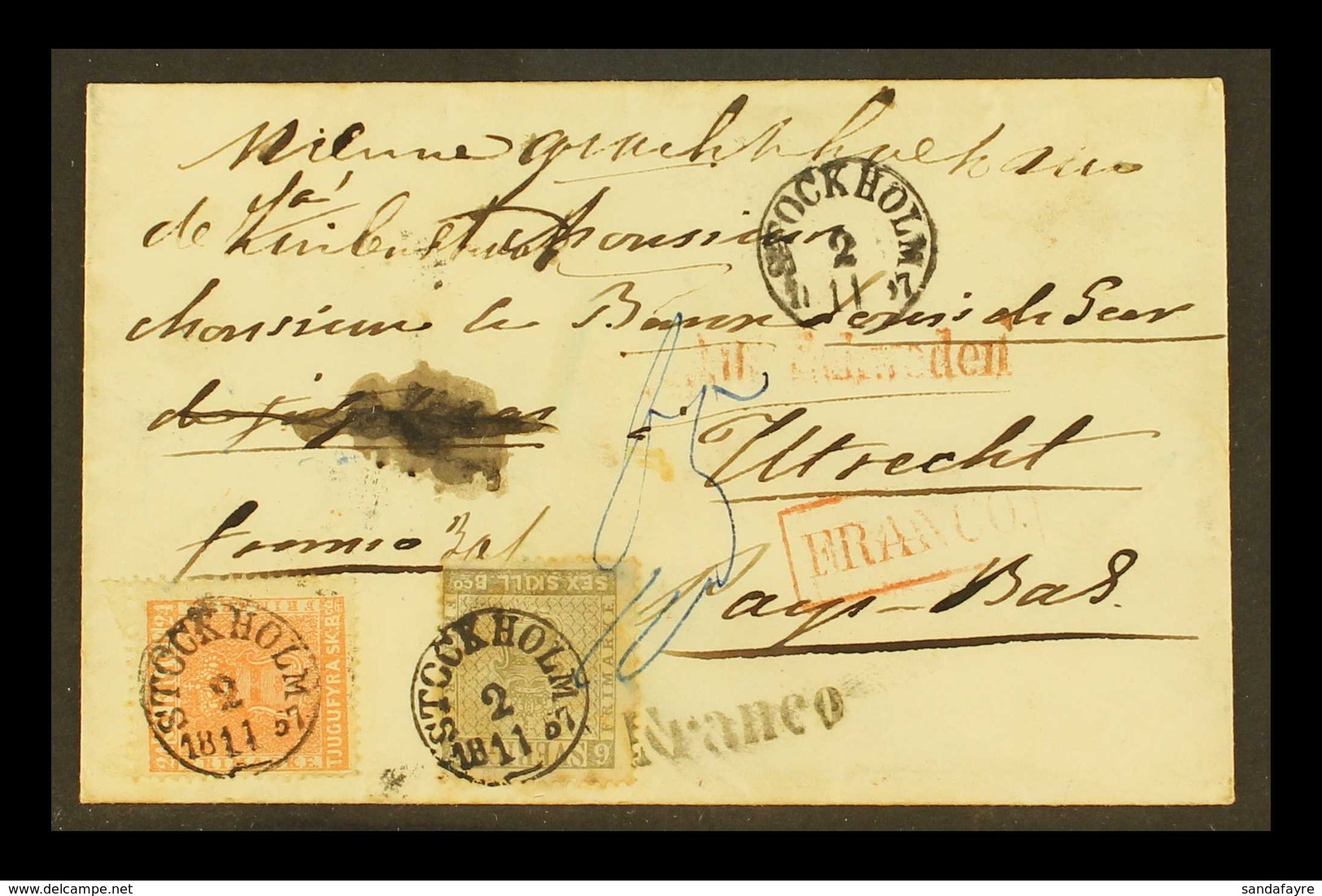 1857 30SK RATE COVER TO THE NETHERLANDS. 1857 (2 Nov) Envelope From Stockholm To Utrecht Bearing 6sk Light Grey And 24sk - Sonstige & Ohne Zuordnung