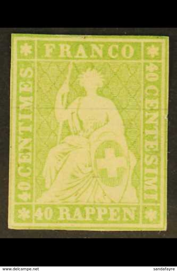 1854 40r R Yellow Green, Red Thread, Sitting Helvetia, SG 37, Fresh Mint No Gum, Small Thin. Cat £1200 For More Images,  - Sonstige & Ohne Zuordnung