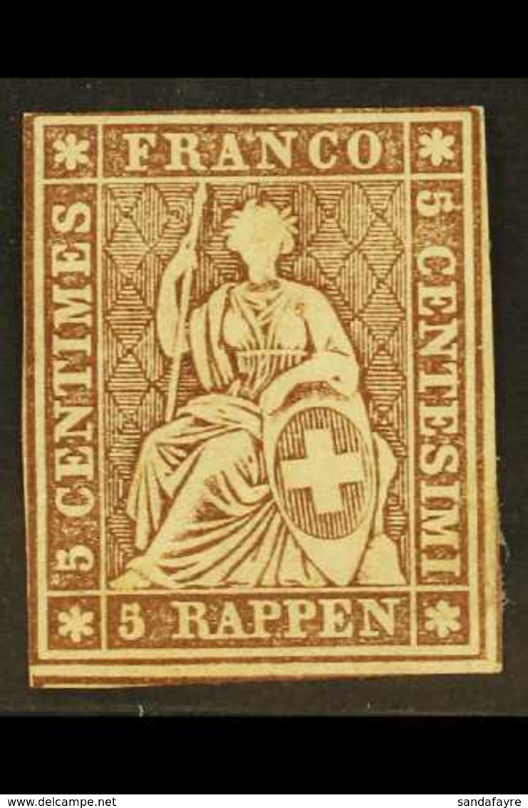 1854 5r Yellow Brown, Yellow Thread, Sitting Helvetia, SG 33, Fresh Mint Og, Clear Margins To 2 Sides. Cat £650 For More - Sonstige & Ohne Zuordnung