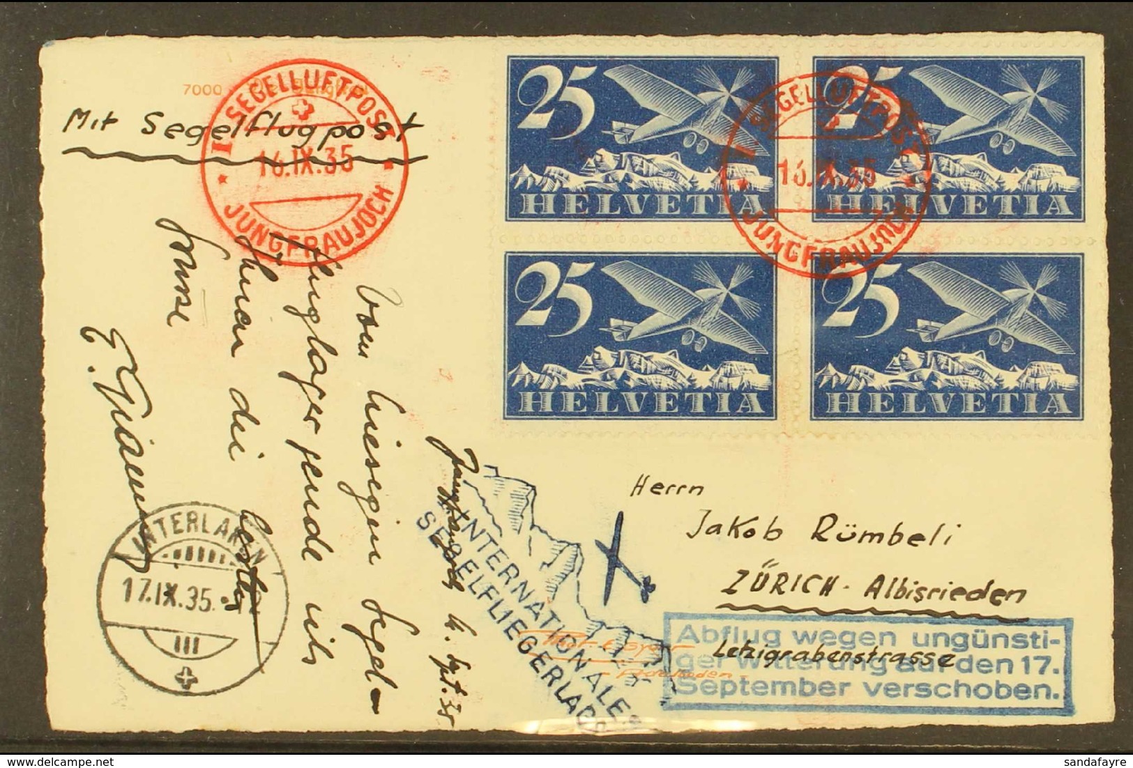 GLIDER MAIL 1935 (17th Sept) Black & White Picture Postcard Of Mountain Scenery Bearing A Block Of 4 X 25c Blue (Mi 180, - Sonstige & Ohne Zuordnung