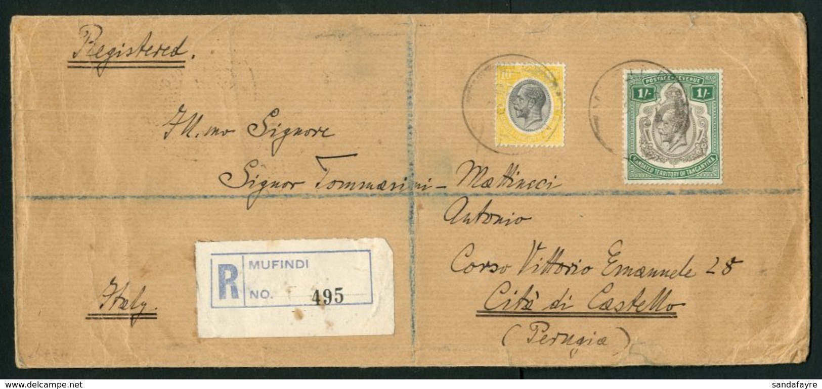 1933 Registered Envelope To Citta Di Castello, Italy Franked KGV 10c. + 1s. Tied By MUFINDI Date Stamp. On Reverse, Tran - Tanganyika (...-1932)