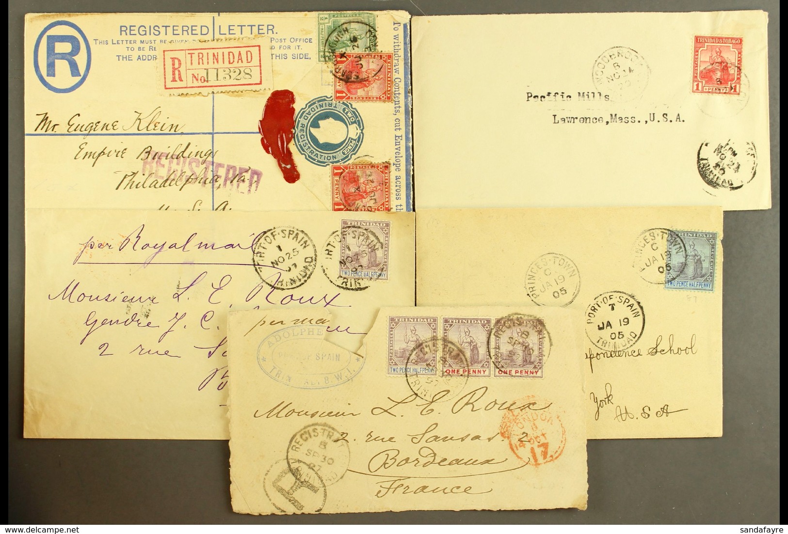 1897-1920 COVERS. A Small Cover Group, Inc 1897 Cover & Cover Front To France, 1905 & 1920 Covers To USA And 1913 Uprate - Trinidad & Tobago (...-1961)