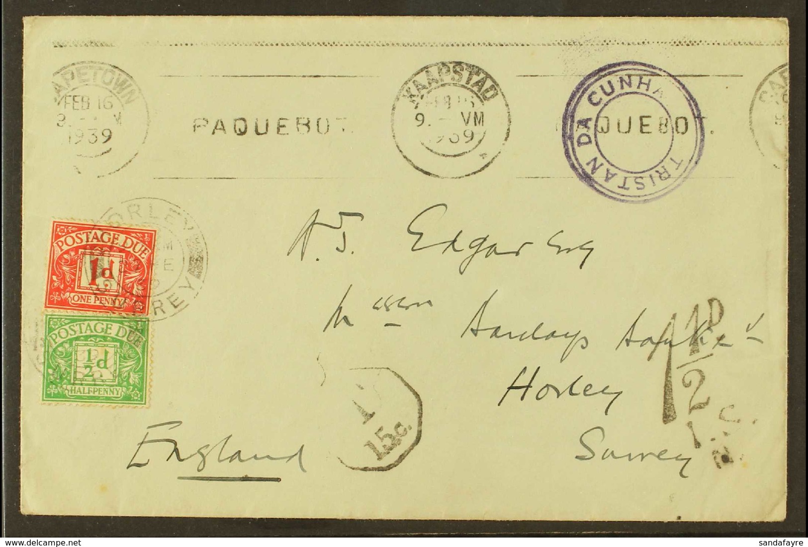 1939 (Feb 16th) P & O Printed Stampless Cover To Surrey, UK Bearing Type VI Tristan Da Cunha Violet Cachet, Kaapstad & C - Tristan Da Cunha