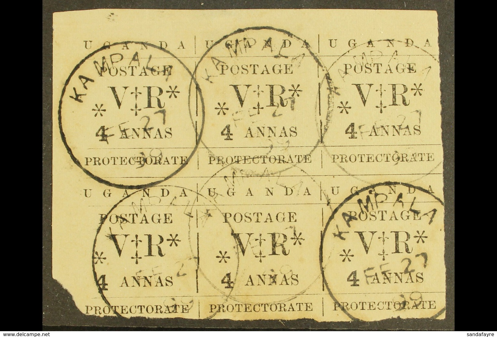 1896 4a Black, Type-set, SG 58, Top Left Corner Block Of 6 Used. For More Images, Please Visit Http://www.sandafayre.com - Uganda (...-1962)