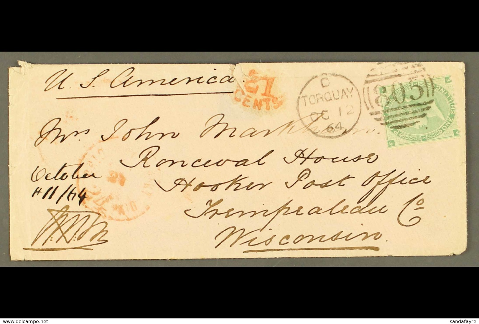 1864 INWARD TO WISCONSIN. 1864 (12 Oct) Env From England To George Markham (notable Early Settler, Info Accompanies) At  - Sonstige & Ohne Zuordnung