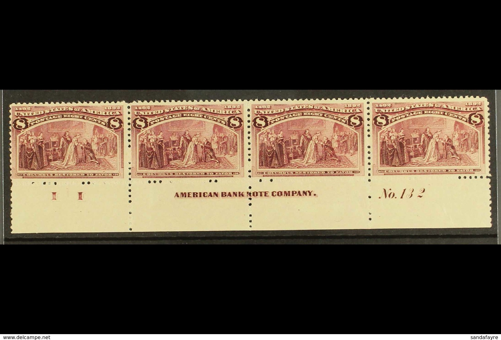 1893 8c Magenta Columbian Expo, SG 241 (Scott 236), Plate Number Strip Of Four With Full Imprint And Letter, Lovely Fres - Sonstige & Ohne Zuordnung