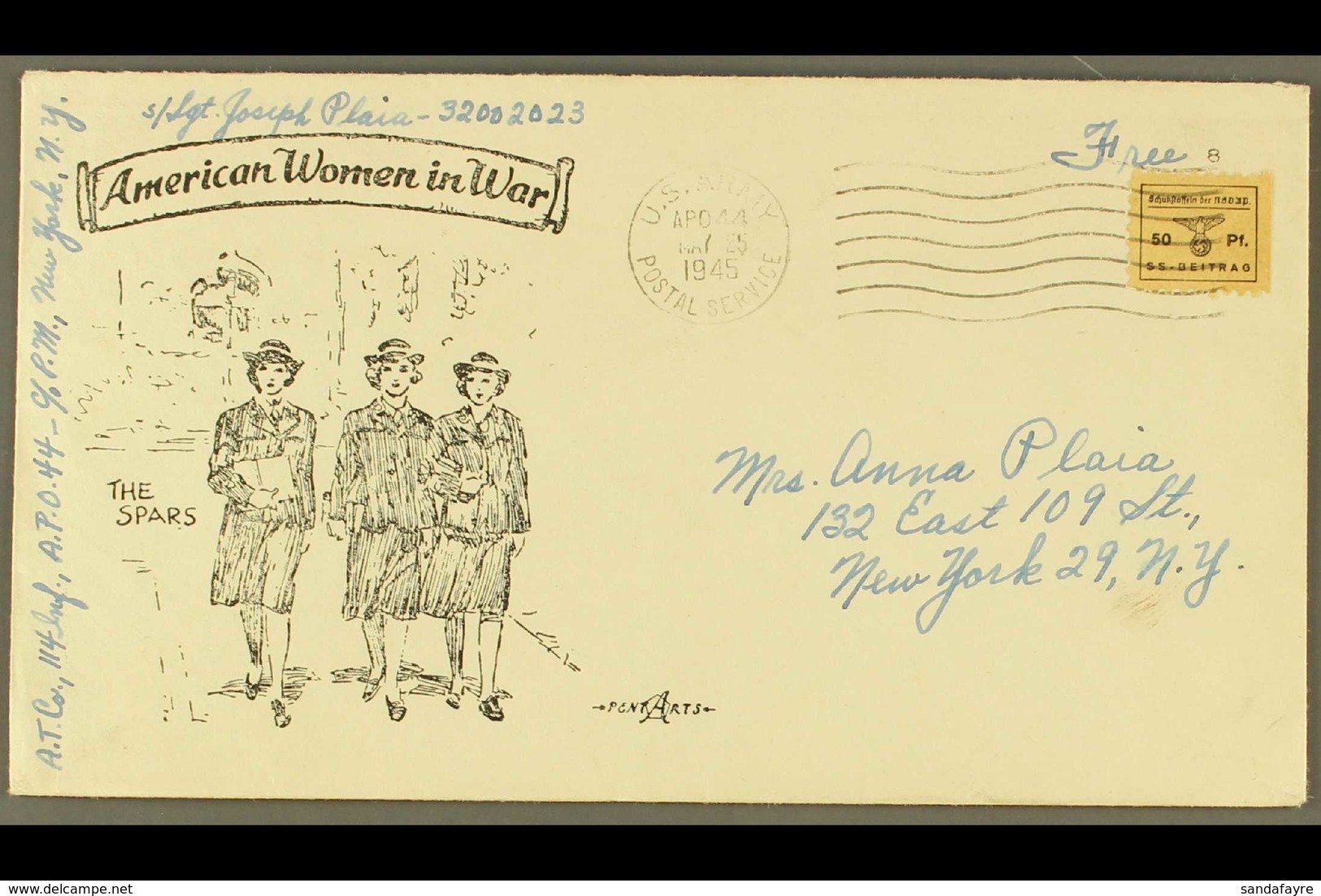 1945 U.S. ARMY POSTAL SERVICE Free Franking Sent To New York, Illustrated "American Women In War" Envelope, Third Reich  - Sonstige & Ohne Zuordnung