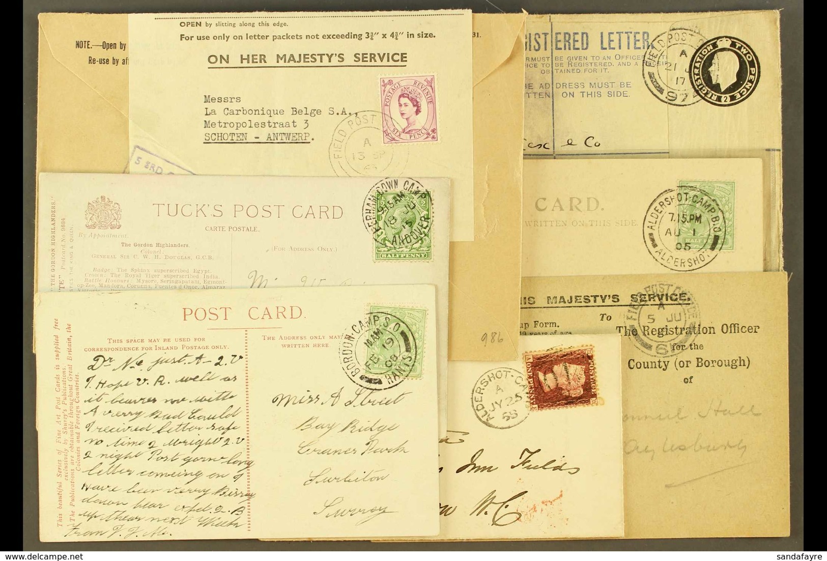 MILITARY COVERS Group With 1858 Aldershot Camp Duplex On 1d Red Franked Envelope, 1917 Registered Envelope With FPO 97 C - Sonstige & Ohne Zuordnung